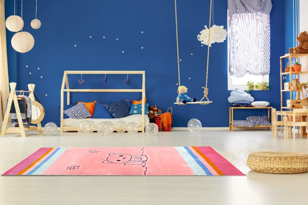 H2H House2Home - 100% Cotton Chenille, Embroidered Kids' Yoga Mat Stripe Design, Suitable for Yoga, Runner Size, fit for corridors, Extra Soft to Touch, Size 60cm X 120cm, 2 Colors - (Pink)