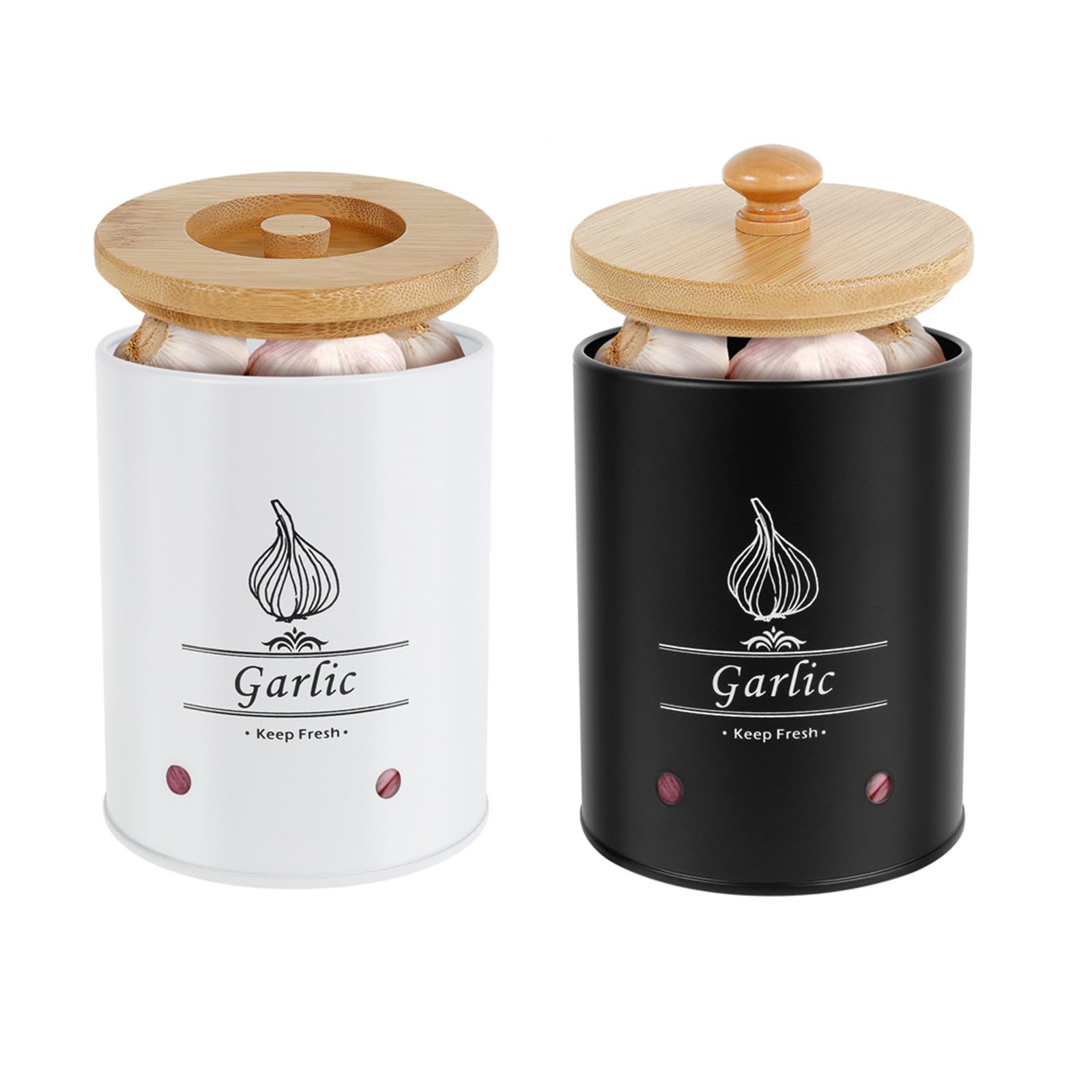 Lulobtg Black+White 2Pcs Garlic Keeper Fresh Keeping Garlic Storage Box With Wood Lid Ginger Canister Container 11X11x13.2cm Large Capacity Kitchen Saver For Countertop, Cabinet(Black+White)