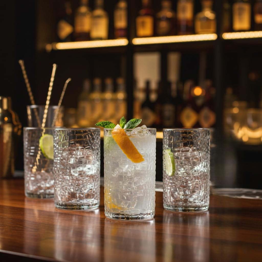 Glaver's Highball-Trinkgläser, transparent, 425 ml, lackiertes Crackle-Design, strukturierte Trinkgläser, robuste Premium-Gläser für den täglichen Gebrauch zu Hause, in der Bar, 4 Stück