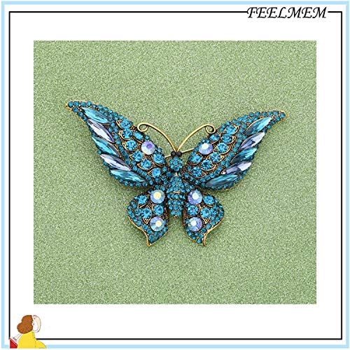 Image of FEELMEM Crystal Rhinestone Butterfly Brooch Pin Blue Color Butterfly Brooches for For Women Wedding /Banquet /Birthday Party