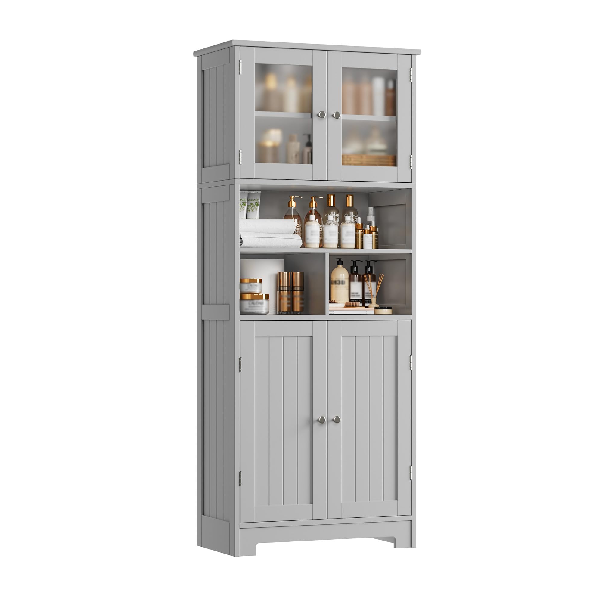 HOCSOK Tall Storage Cabinet, Bathroom Storage Cabinet with Frosted Glass Doors, Kitchen Pantry with Adjustable Shelf, Freestanding Cupboard for Bathroom, Kitchen, Living Room, Grey