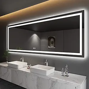 Amorho LED Bathroom Mirror 110" X40" with Front and Backlit, Stepless Dimmable Wall Mirrors with Anti-Fog, Shatter-Proof, Memory, 3 Colors, Double LED Vanity Mirror Large
