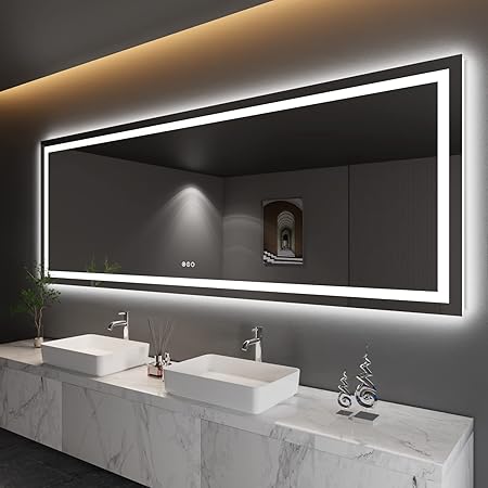 Amorho LED Bathroom Mirror 110" X40" with Front and Backlit, Stepless Dimmable Wall Mirrors with Anti-Fog, Shatter-Proof, Memory, 3 Colors, Double LED Vanity Mirror Large