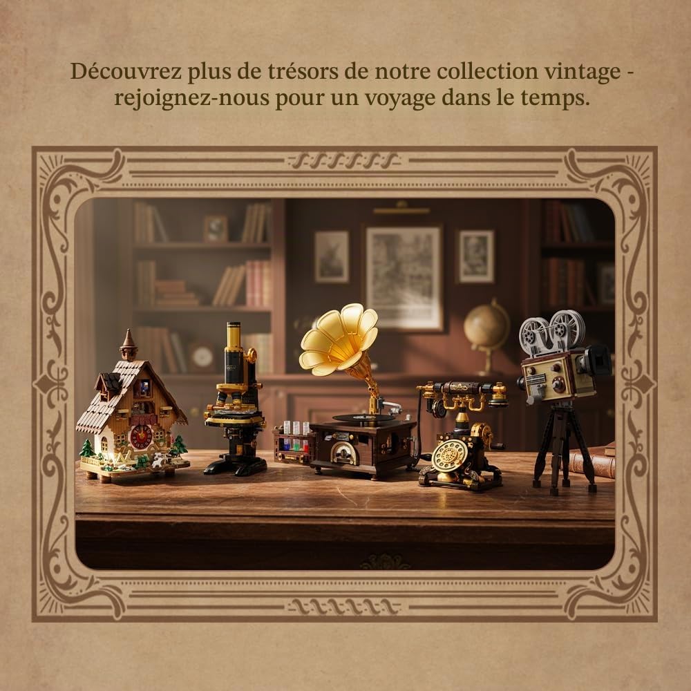 PANTASY Kit de construction de microscope rétro pour adultes, modèle d'instrument scientifique antique avec design mécanique, finition en laiton et accessoires de laboratoire, ensemble de briques de