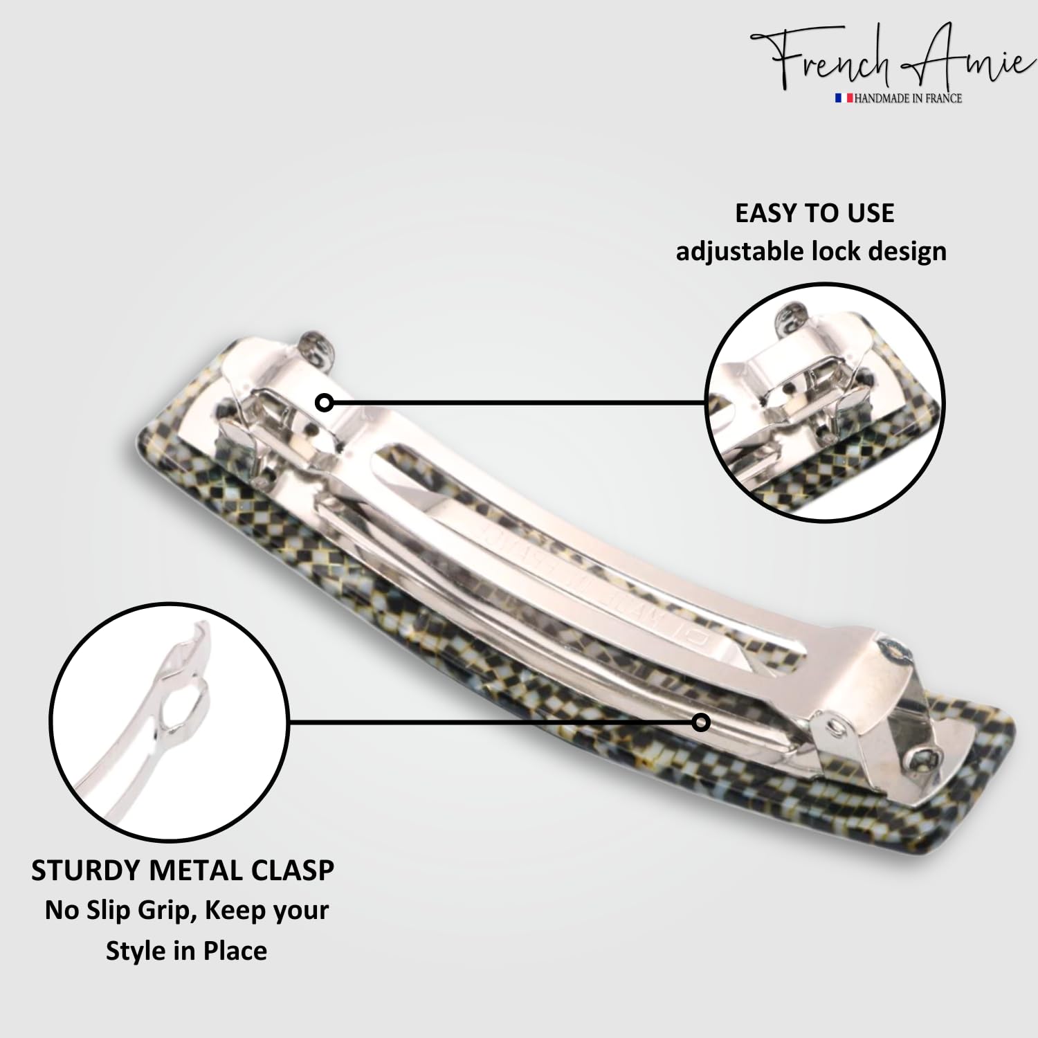 French Amie Oblong Handmade 3.5" Celluloid Automatic Hair Clip Barrette French Hair Clip for Women Strong Hold Set of 2 No Slip Durable Paris Hair Accessories, Made in France (Ivory Black and Opera)