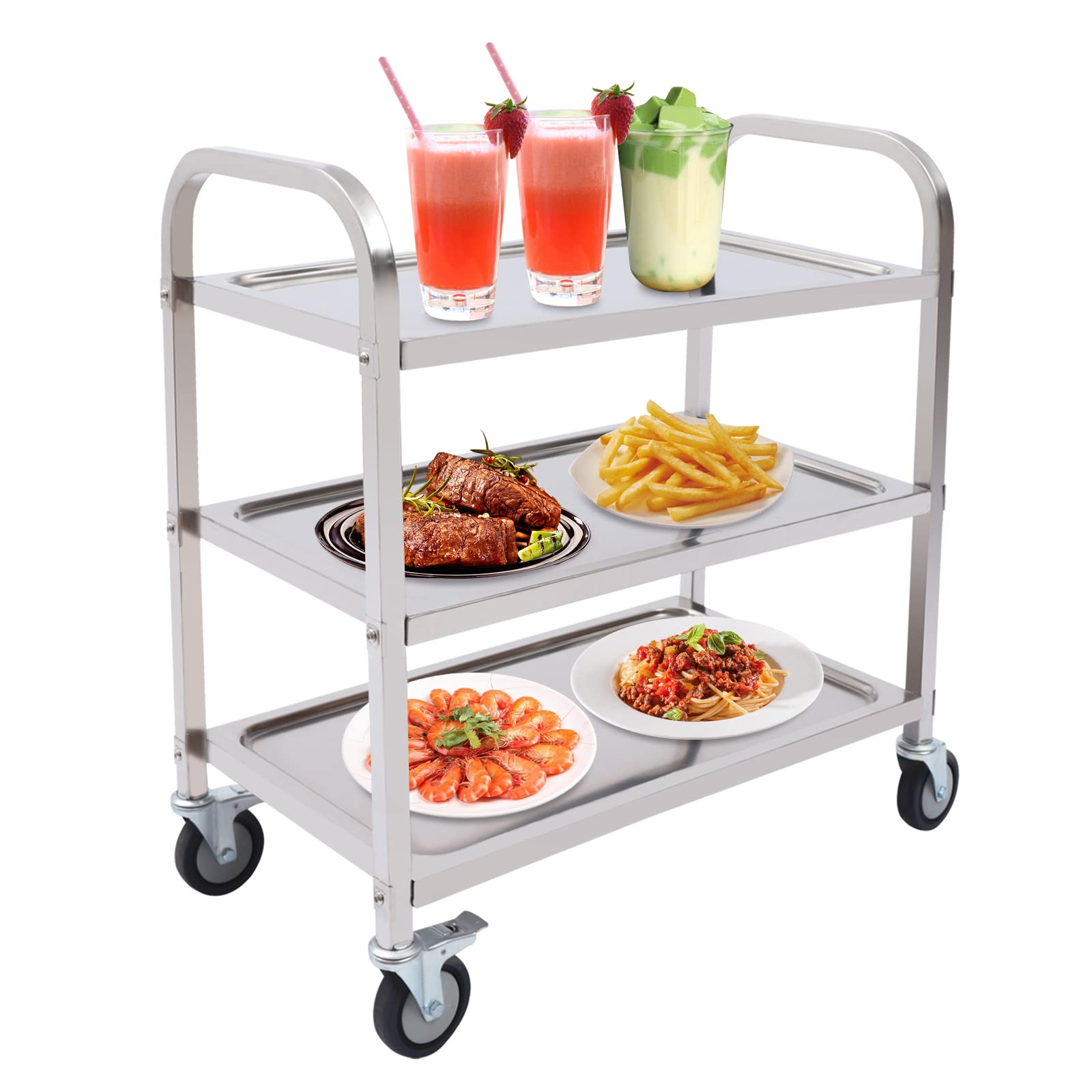 Carrello da portata a 3 ripiani con ruote, in acciaio inox, salvaspazio e salvaspazio, carrello per bevande, carrello stabile, per ristoranti cucine o hotel, 85 x 45 x 90 cm