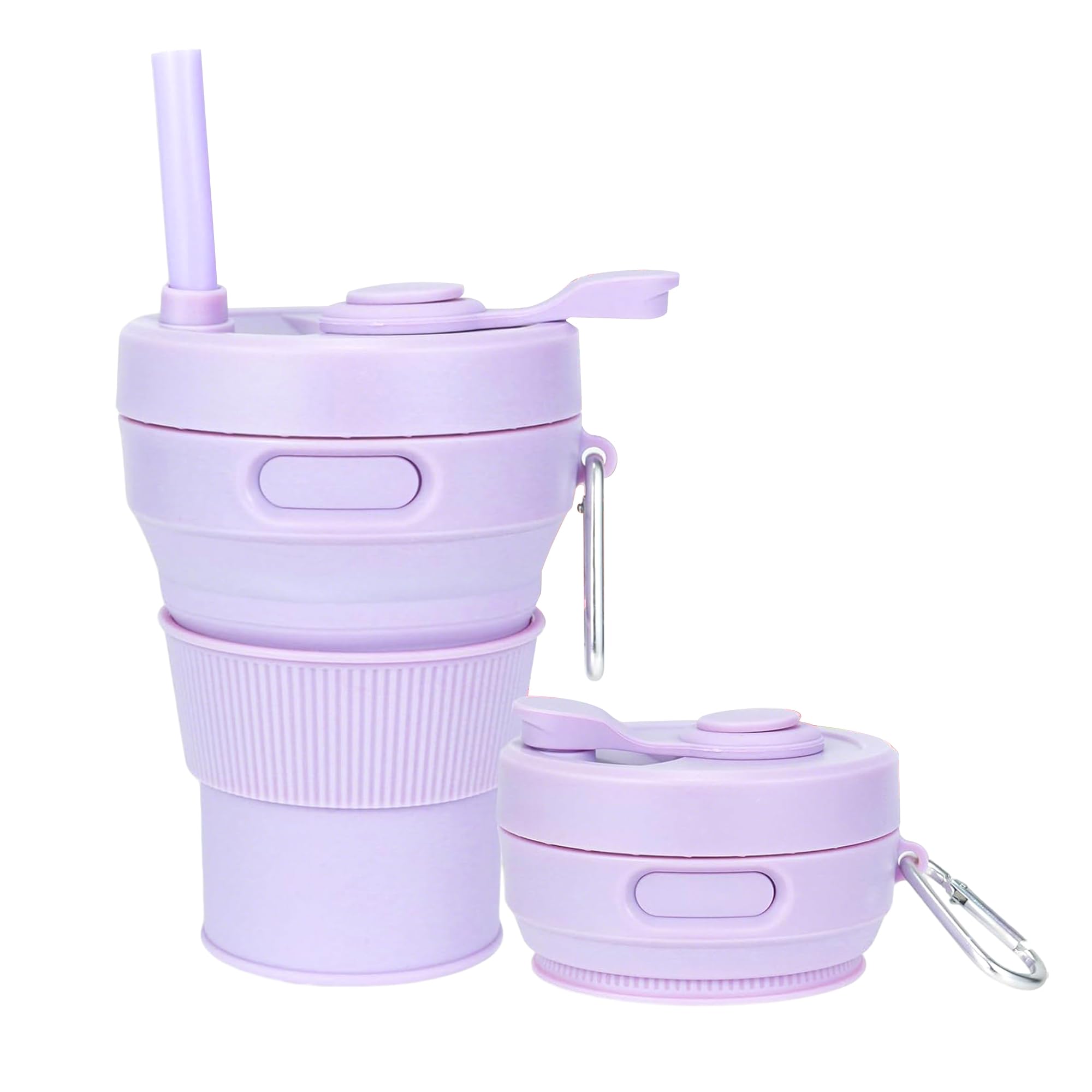 Silicone Collapsible Travel Mug Purple 15oz / 450ml - Leak-Proof Reusable Silicone Water Bottle for Hot and Cold Beverages - Travel Office and Home - Dishwasher Safe - Straw Included-picture-30