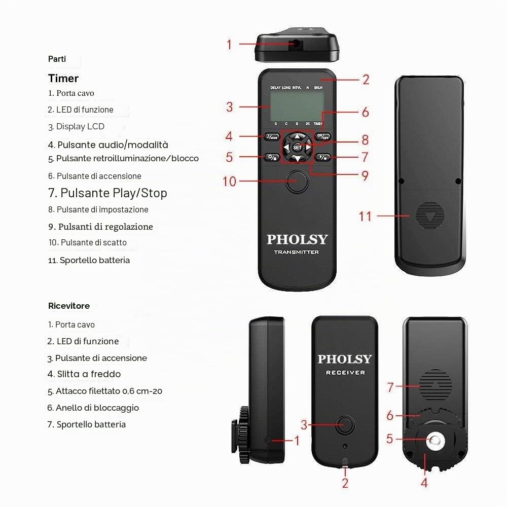 PHOLSY Wireless Timer per Sony Fotocamera Telecomando e Intervallometro | Compatibile con Sony a1 a9 a9M2 a7M2 a7M3 a7M4 a7RM5 a6600 a6500 a6400 a6100 RX100M5 RX100M6 RX100M7 RX10M4 a99M2 a65