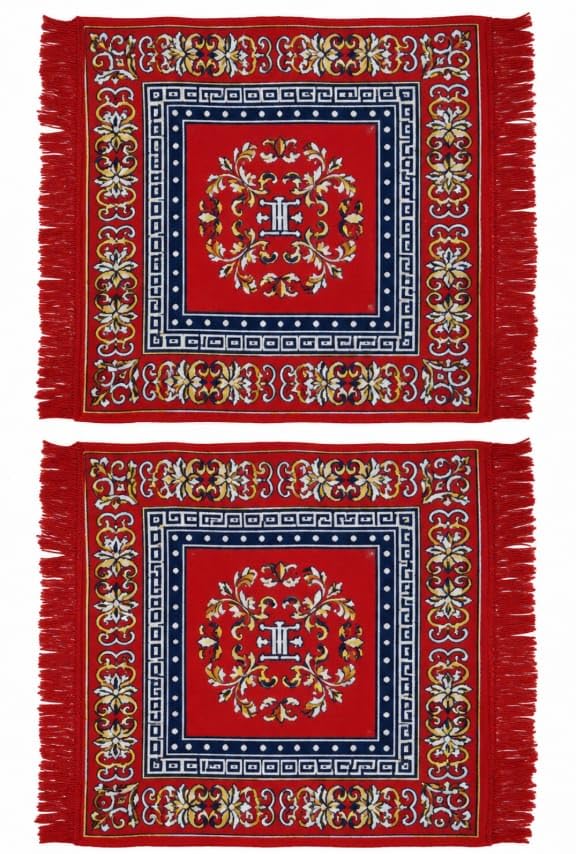 Printed Velvet Pooja Aasan Prayer Mat, Red, 2x2 ft, Soft Blended Yarn, Meditation Sitting Mat with Fringe, Set of 2-image-49