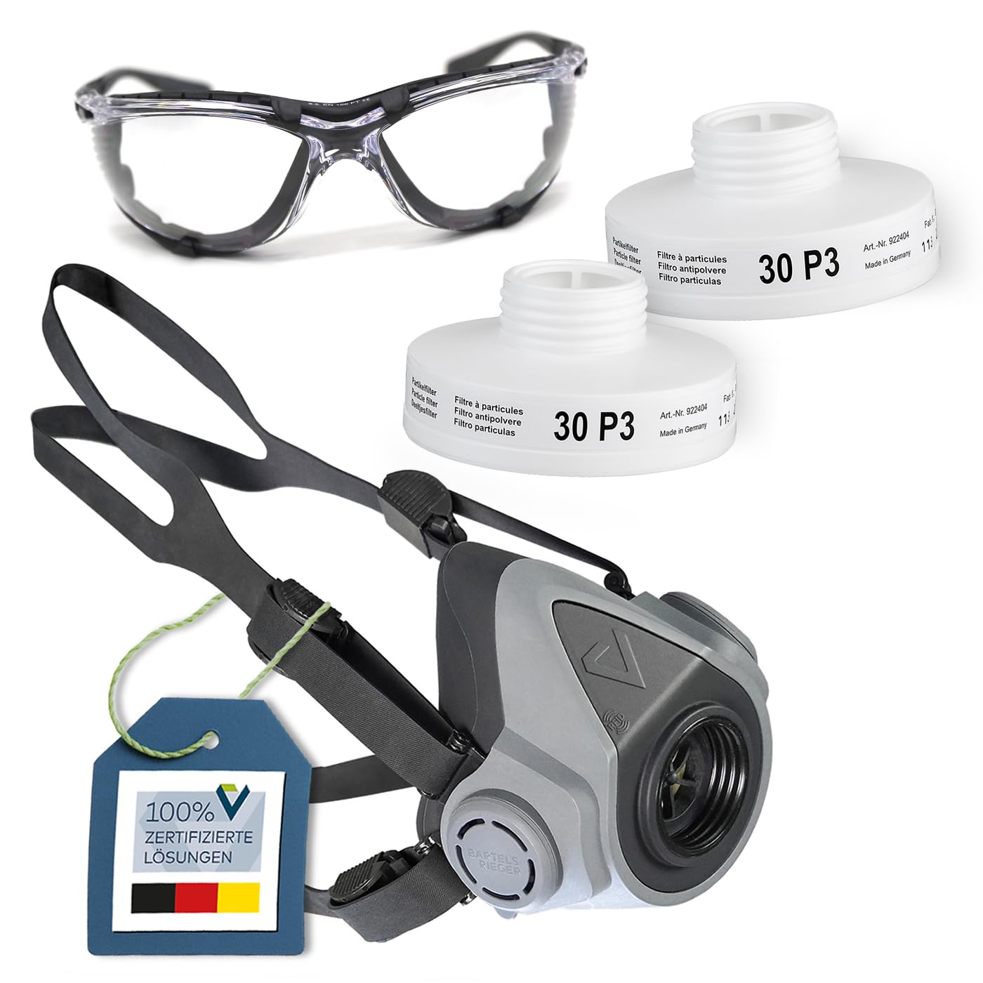 Atemschutz-Set Silikon Halbmaske BariMask HF, 2 Filter 30 P3, Schutzbrille | Silikon Atemschutzmaske gegen Staub, Rauch, Partikel – wiederverwendbar & komfortabel. Inkl. 2 Filter 30P3 & Schutzbrille