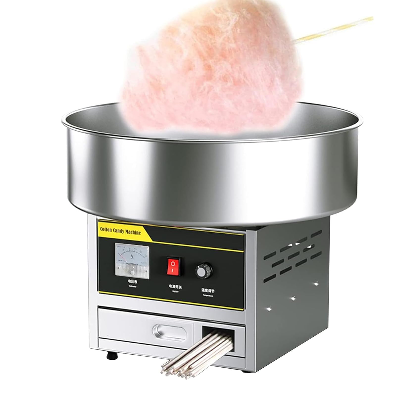Máquina comercial para hacer algodón de azúcar de 1200 W con recipiente de acero inoxidable, calor ajustable, ideal para fiestas y eventos.