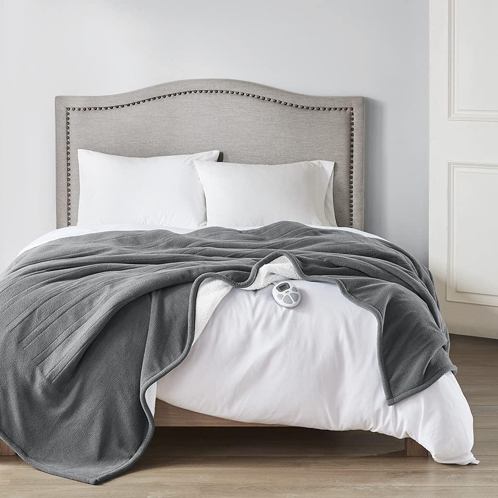 Serta Heated Blanket - Reversible Fleece to Sherpa Electric Blanket, Fast Heating, Auto Shut Off Timer, Multi Heat Setting, ETL Certified, Machine Washable, Grey Full 84"x 77" Full (84"x 77") Grey - Image 1 of 9
