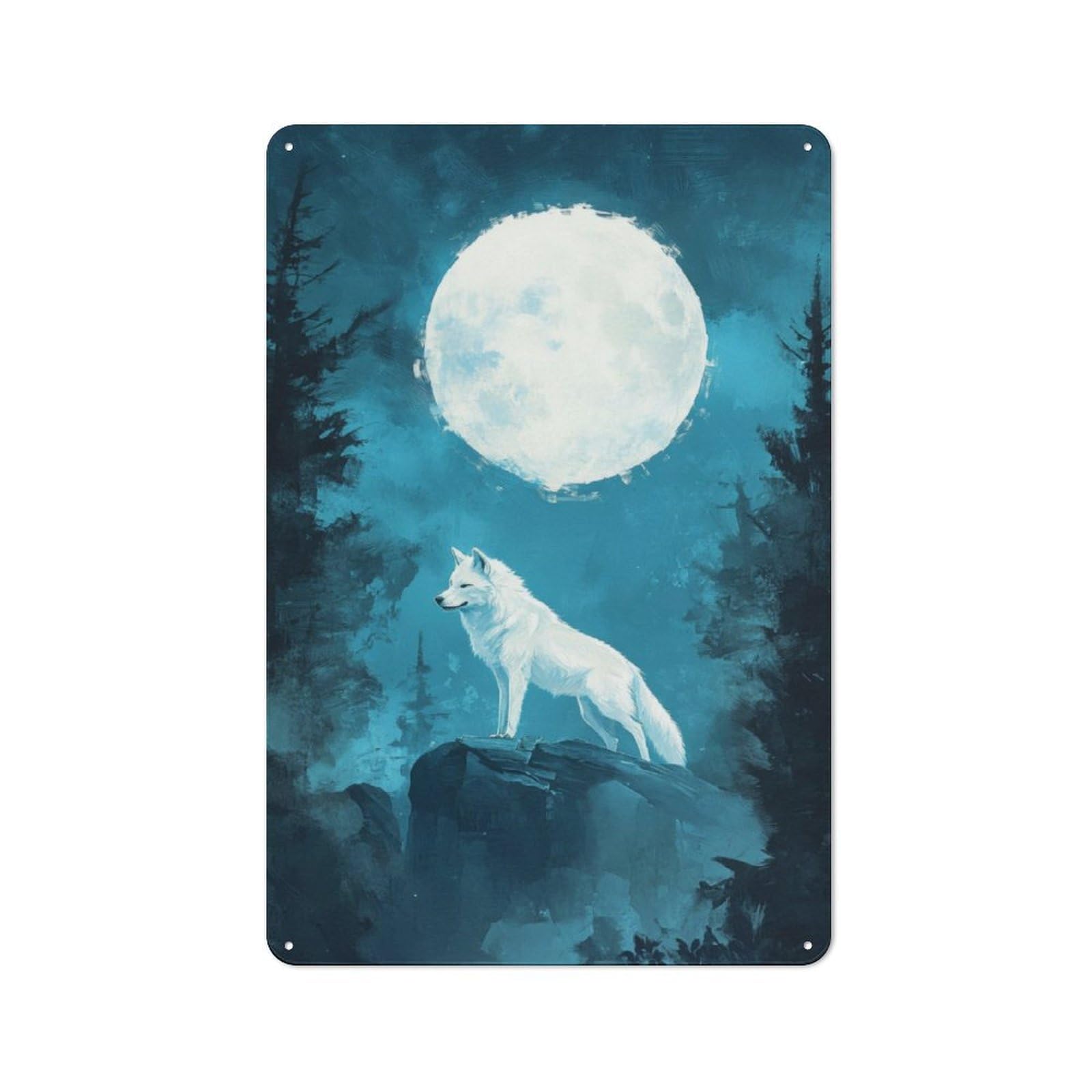 Junmoney White Wolf Under Full Moon Retro Metal Sign 30X20cm, Distressed Look Retro Room Decor For Living Room, Hallway, Kitchen Or Cafe