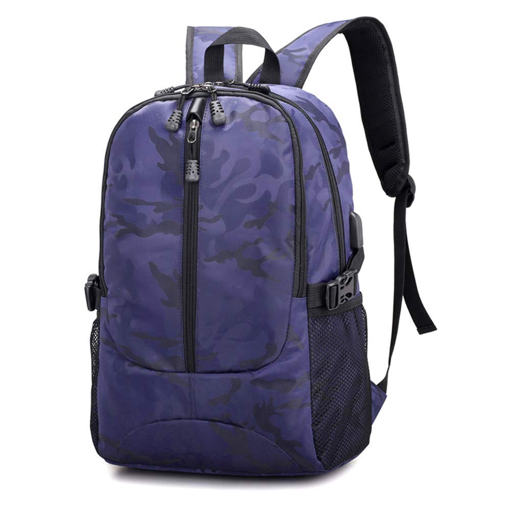 Weqiao School Laptop Backpack 18 Inch Camouflage Computer Backpack Water-Repellent Travel Daypack with USB Charging Port for Camping Hiking Business (Blue)