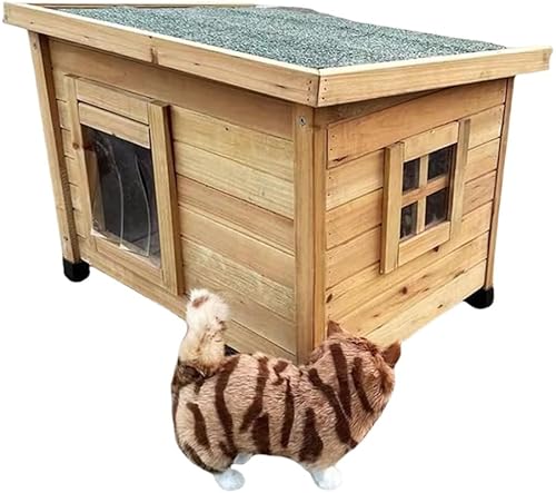 VoyageView猫 ハウス 犬小屋 屋外 室内 防水 おしゃれ 天然木製 透明窓 ドアカーテン付き ペットハウス 防寒 雨よけ 防風 通気性 野外 野良猫ハウス 避難所 四季通用 簡単な組み立て (58*45*43cm) (木の色)