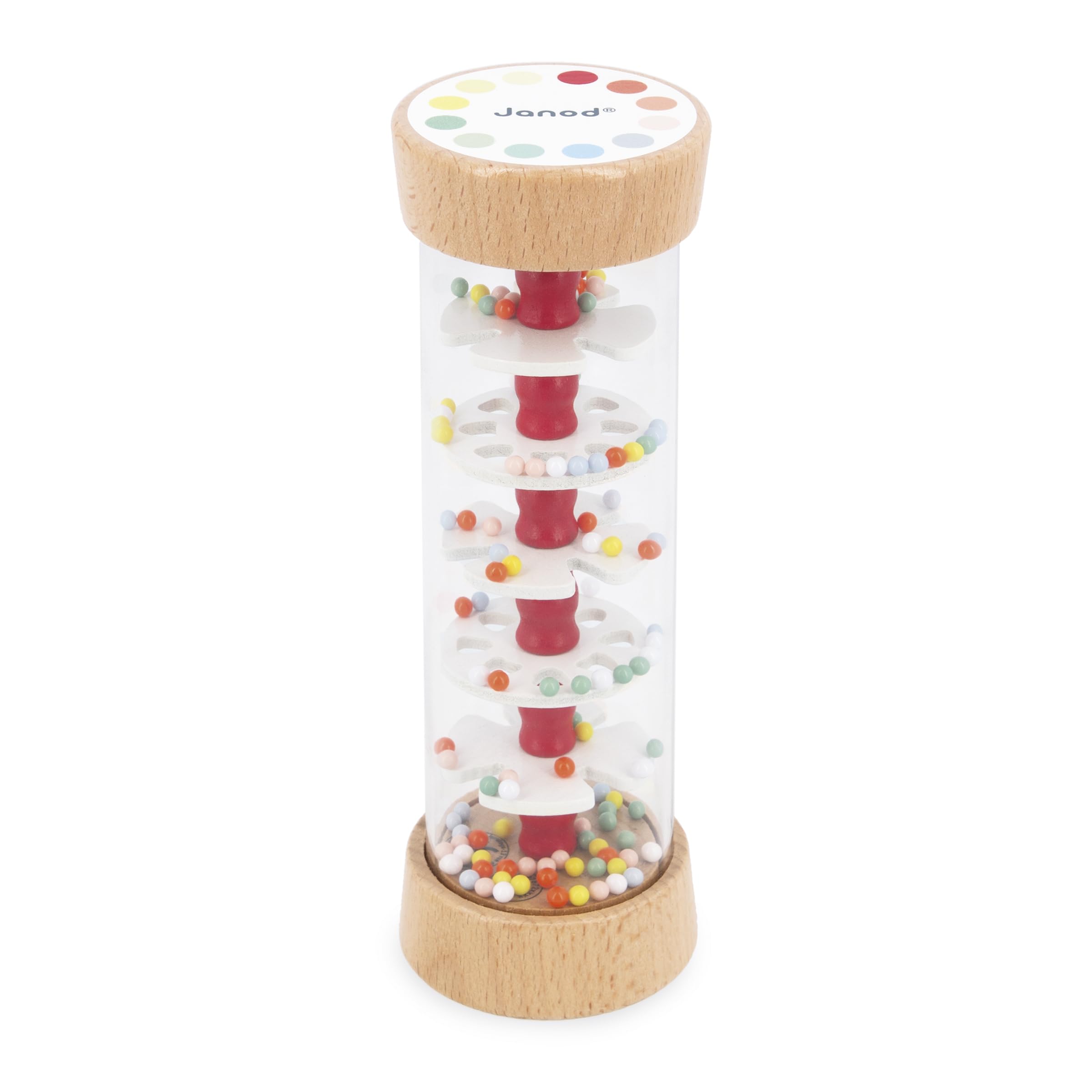 Janod - Wooden Baby Rain Stick - Musical Early Learning Toy - Fine Motor Skills Development - Visual and Auditory Stimulation - Water-Based Paint - From 6 months