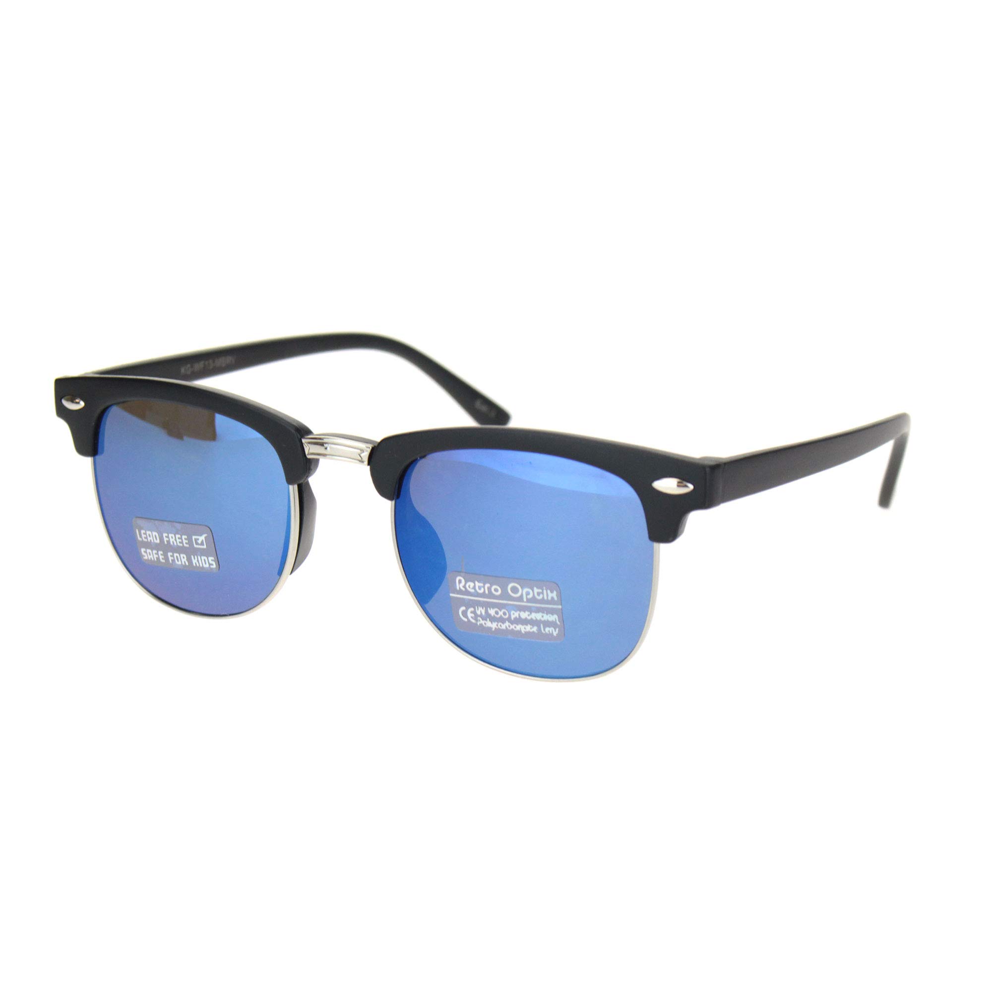 SA106 Boys Child Size Color Mirror Lens Hipster Half Rim Sunglasses Black Blue Mirror