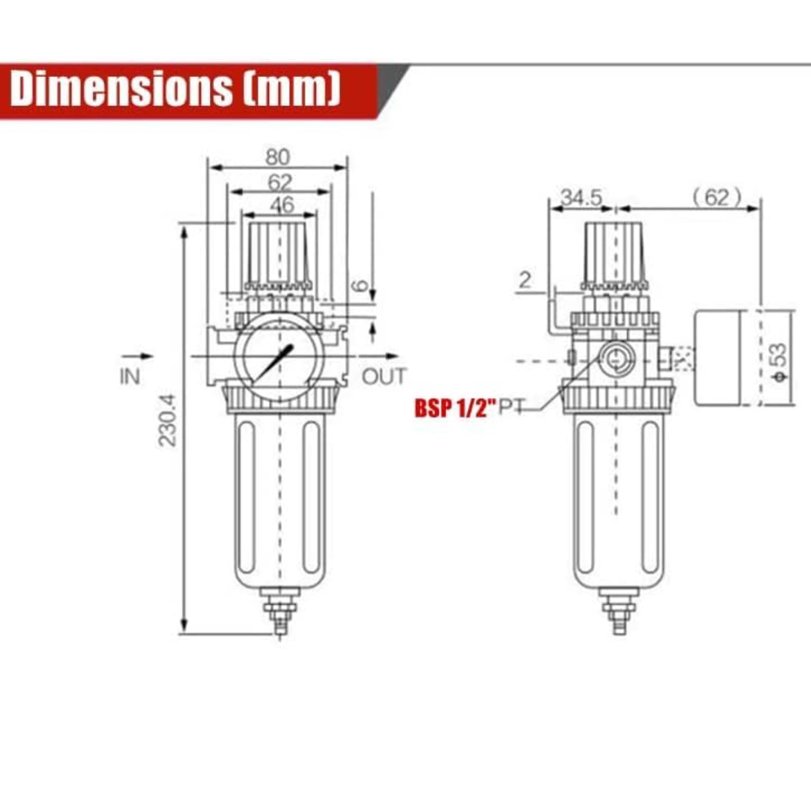 1/2" BSP Regulador de filtro de aire comprimido, Compresor de aire Regulador con filtro y separador de agua con conexión de montaje para compresor y herramientas de aire