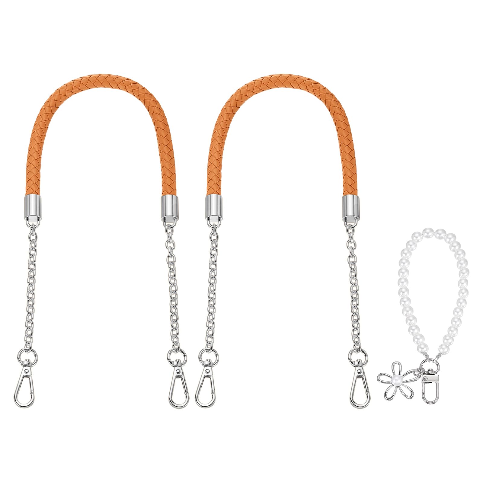sourcing map 2 Pcs PU Leather Chain Purse Strap, 23.6 Inch Braided Purse Handles Replacement Strap with Pearl Pendant for Tote Bag Handbag Underarm Bag (Yellow, Silver Chain)