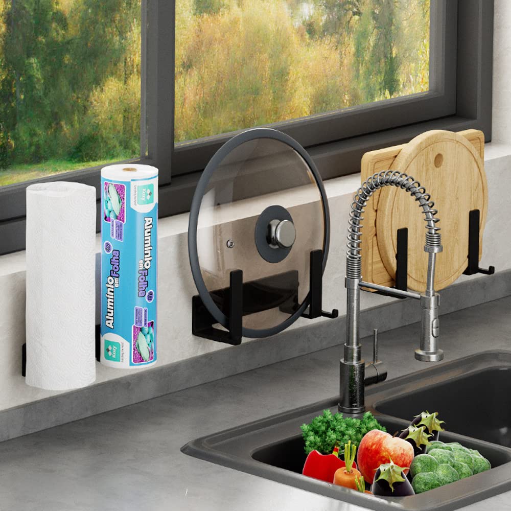 Porta Coperchio per Pentola Supporto per Coperchio di Pentola Organizzatore Montato a Parete con Adesivo Non è Necessario Forare, Doppio Uso per Cucine, Armadi（2 Pezzi，con lavello）