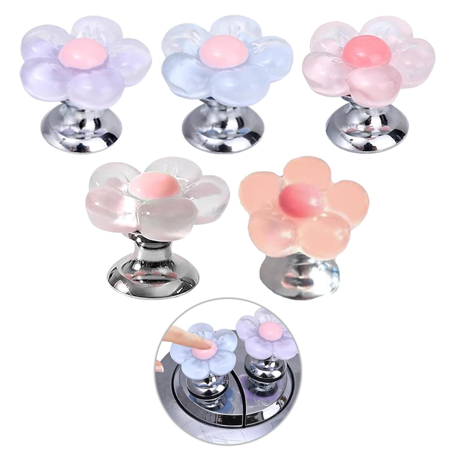 5Pcs Toilet Button Pusher, Multicolor Cute Flower-Shaped Toilet Tank Button Adhesive Pads for Long Nail Protection & Hygiene, Bathroom Accessories Creative Flushing Aid Tool for Home, Easy to Install