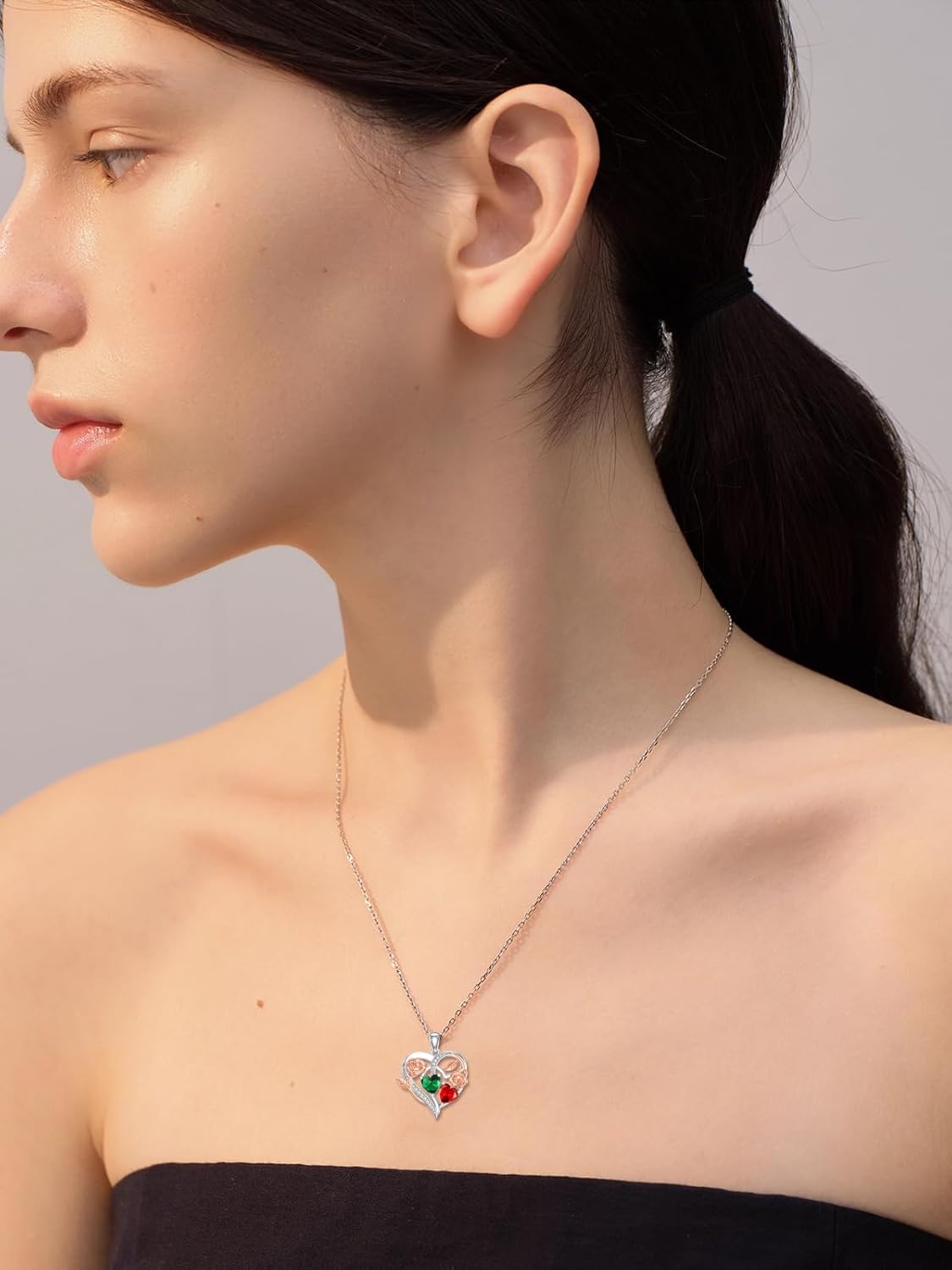 KQ&TTENG Heart Necklace Gifts for Women 18K White Gold Plated Double Birthstone Necklace Rose Flower Pendant Birthday Anniversary Christmas Jewelry Gift for Wife Her Mon