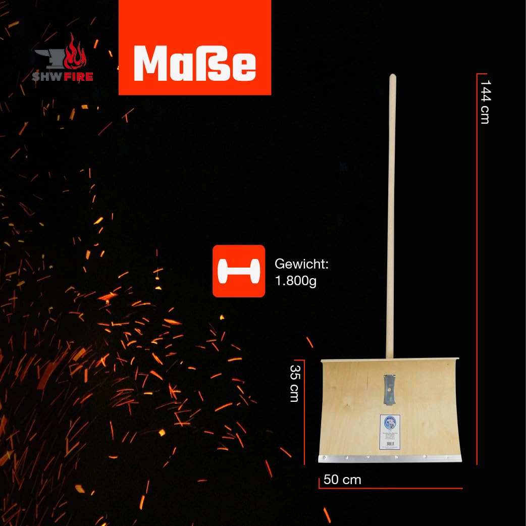 SHW-FIRE | Schneeschieber mit 50cm Schaufel und 144 cm Ovalstiel, Schaufel mit 5-Fach verleimtem Sperrholz mit Stahlschutzkante Premium Schneeschaufel mit Buchenholzstiel | Made in Germany