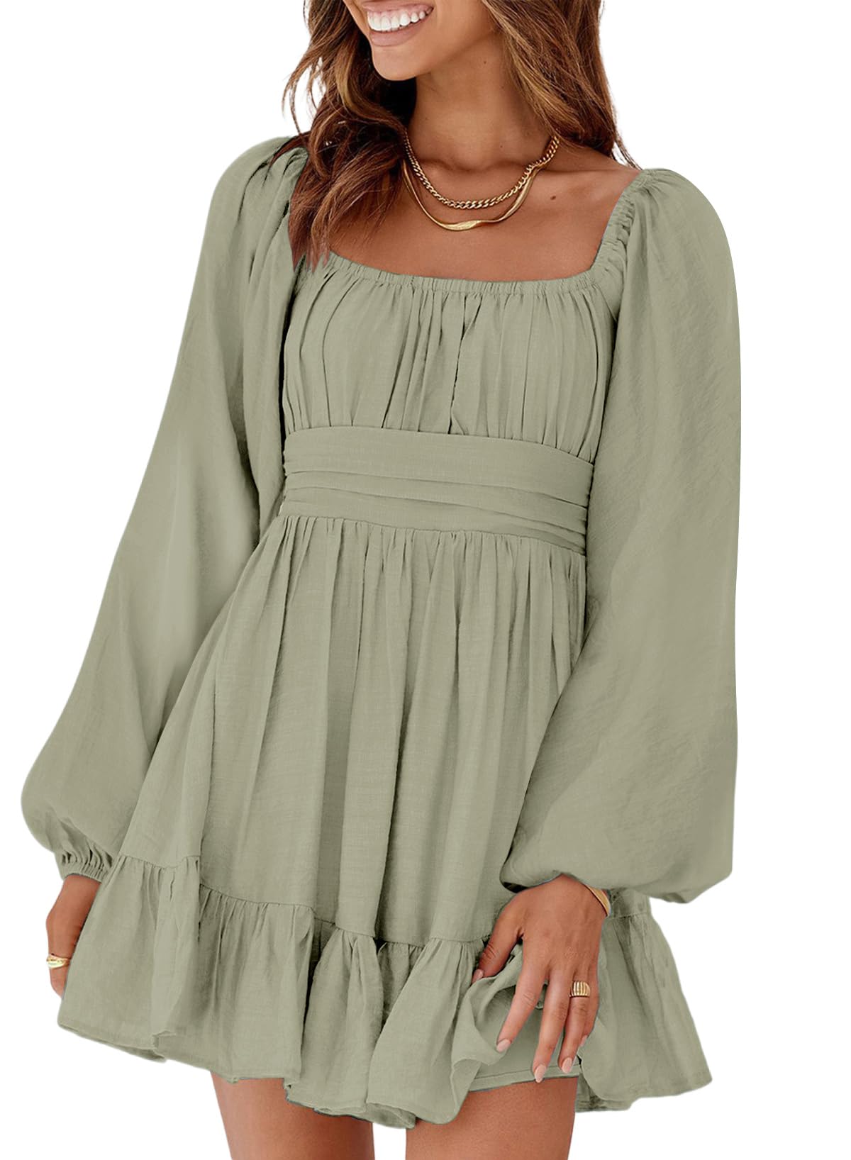 Womens Dress Long Lantern Sleeve Square Neck Tie Backless Sexy Dress Ruffle Elastic Waist A-Line Mini Dress