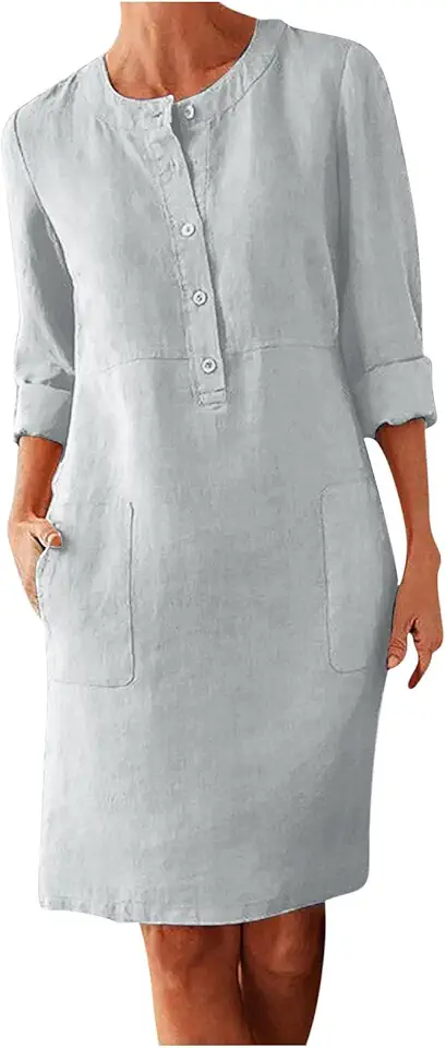 Vestido feminino de linho com gola redonda para mulheres, manga comprida, liso, outono, verão, 2024, moda Y2K