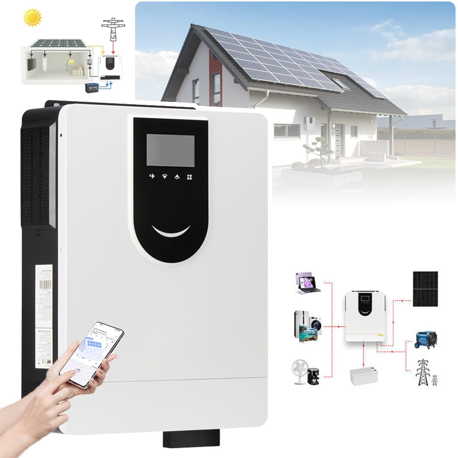 1,0 kW-10,2 kW hybrydowy falownik solarny + monitorowanie WiFi (inteligentna aplikacja), 3 tryby (akumulator/sieć/fotowoltaika), duży ekran LED/przycisk sprzężenia zwrotnego, stero