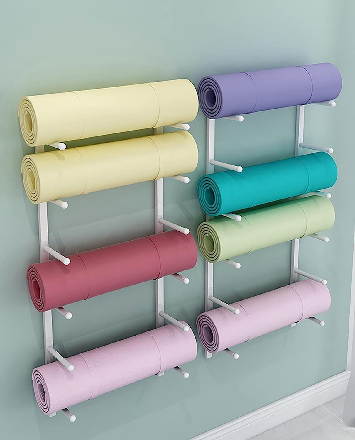Soporte para Esterilla de Yoga, Soporte para Almohadilla de Pilates, Soporte para carretes de Espuma para Montaje en Pared, esteras de Yoga de 6 secc(Blanco