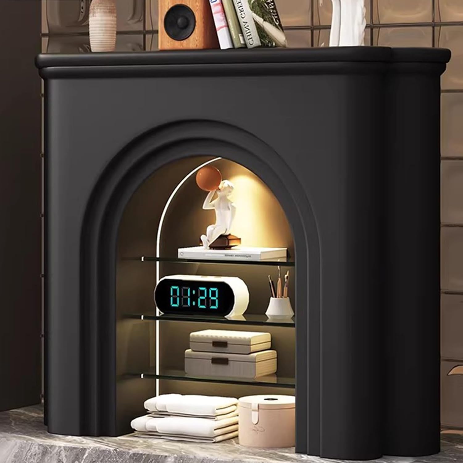 Mantels Surround Decorative Fireplace Mantel Cabinet with LED Lighting & Shelves Modern Arched Storage Home Decor(Black,Small)