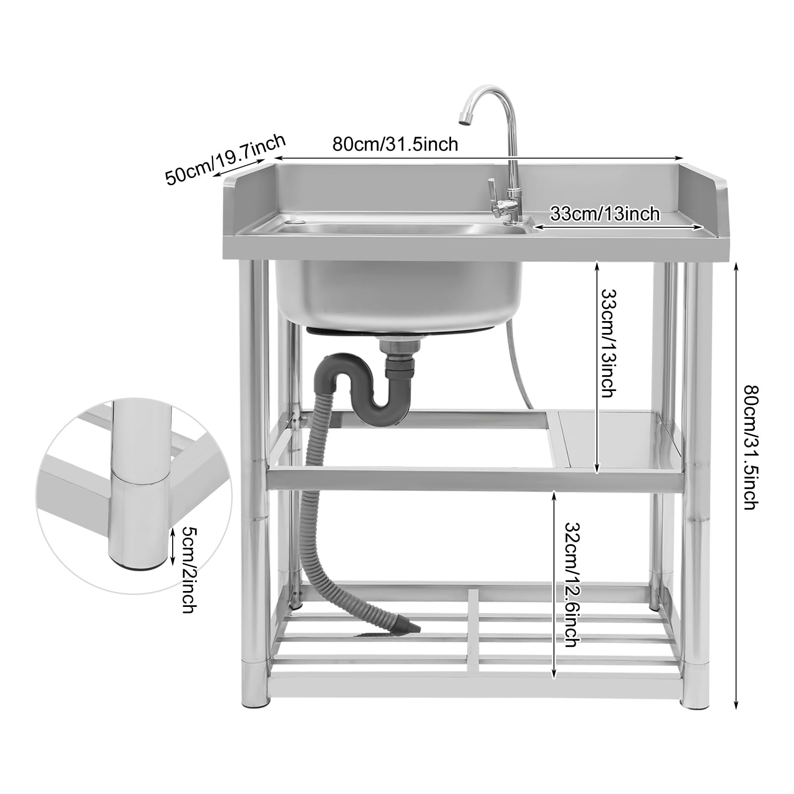 80 x 50 cm Évier Inox Autoportant 1 Bac Évier De Jardin Extérieur Lavabo Multifonctionnel Commercial Utilitaire,Évier de cuisine en acier inoxydable avec robinet rotatif à 360°,80cm de haut