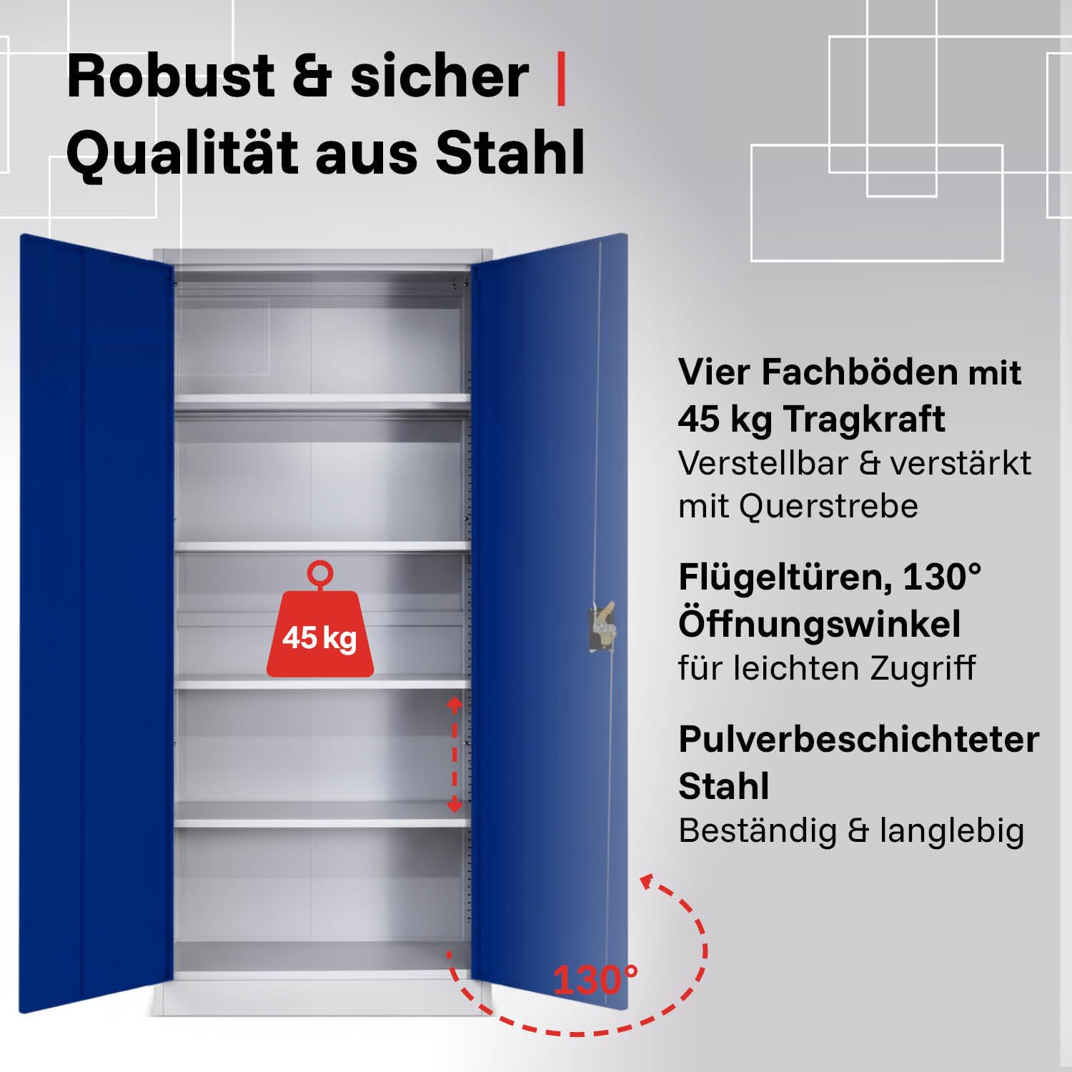 LagerZwei Mehrzweckschrank 185x90x40cm I Metallschrank, 4 Fachböden I Aktenschrank, abschließbar I Robuster Allzweckschrank als Werkstattschrank & Büroschrank I Stahlschrank blau-weiß