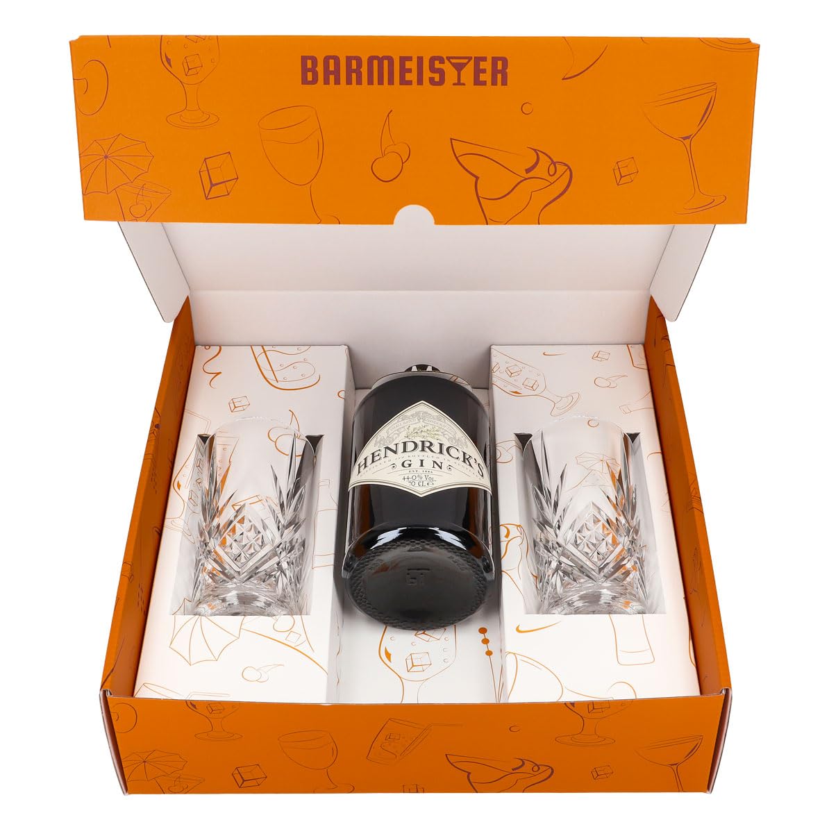 Sipply Geschenkset 3-teilig mit 2 Longdrinkgläser Relief und 1 Flasche Hendricks Gin 0,7l 44,0% Vol. | mit Geschenkverpackung: Orange | Geschenk für Frauen Männer Papa Freundin zu Weihnachten Ostern