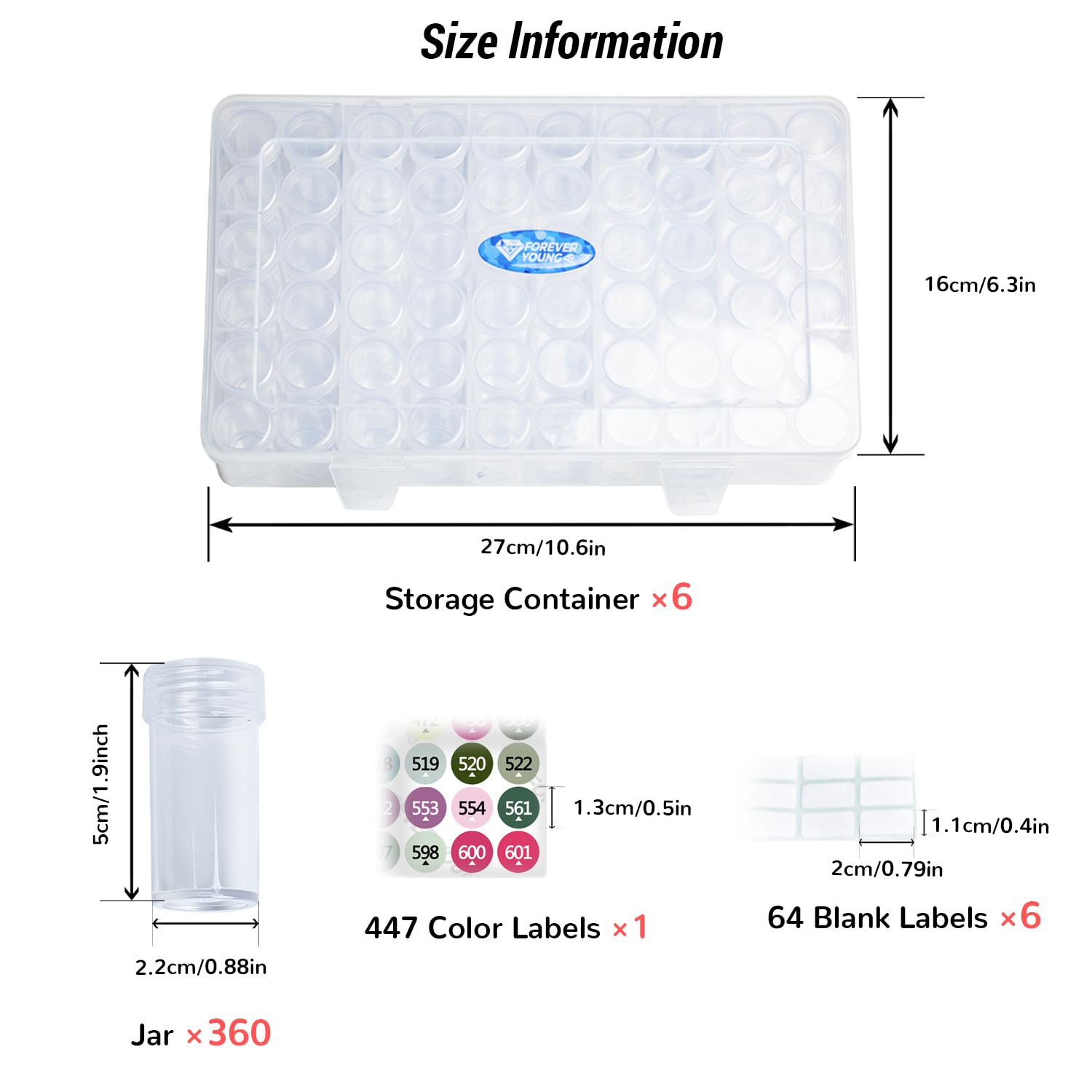 Foreveryoung - Contenitori per pittura a diamante, confezione da 6 pezzi, 360 scomparti, organizer per perline con etichette, organizer per perline e contenitore per accessori e strumenti per diamond