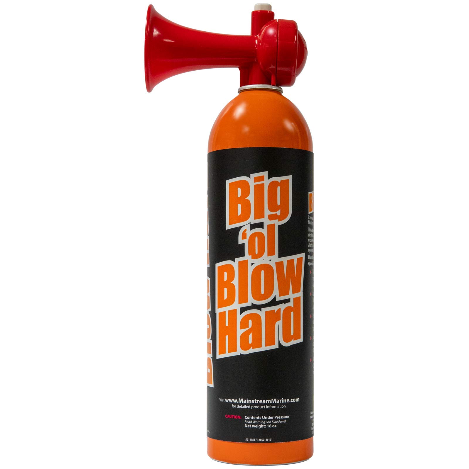 Mainstream Marine Big ‘ol Blowhard Marine-Grade Air Horn 16oz | High-Capacity, Loud (120 dB), Orange and Red Aluminium Horn for Boating, Marine and Sporting Events