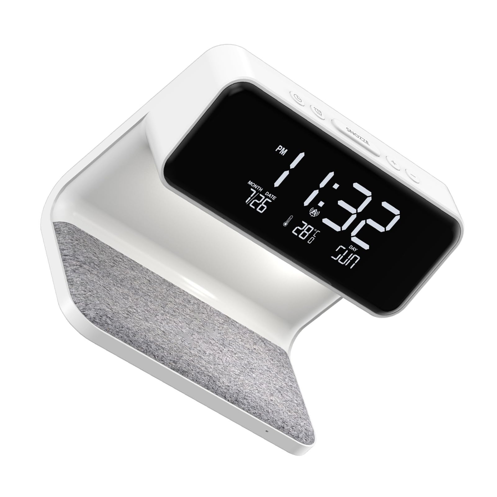 Lampada sveglia intelligente bianca Caricatore wireless Orologio Comodino intelligente Allarme allegro Comodino digitale senza fili Nitido