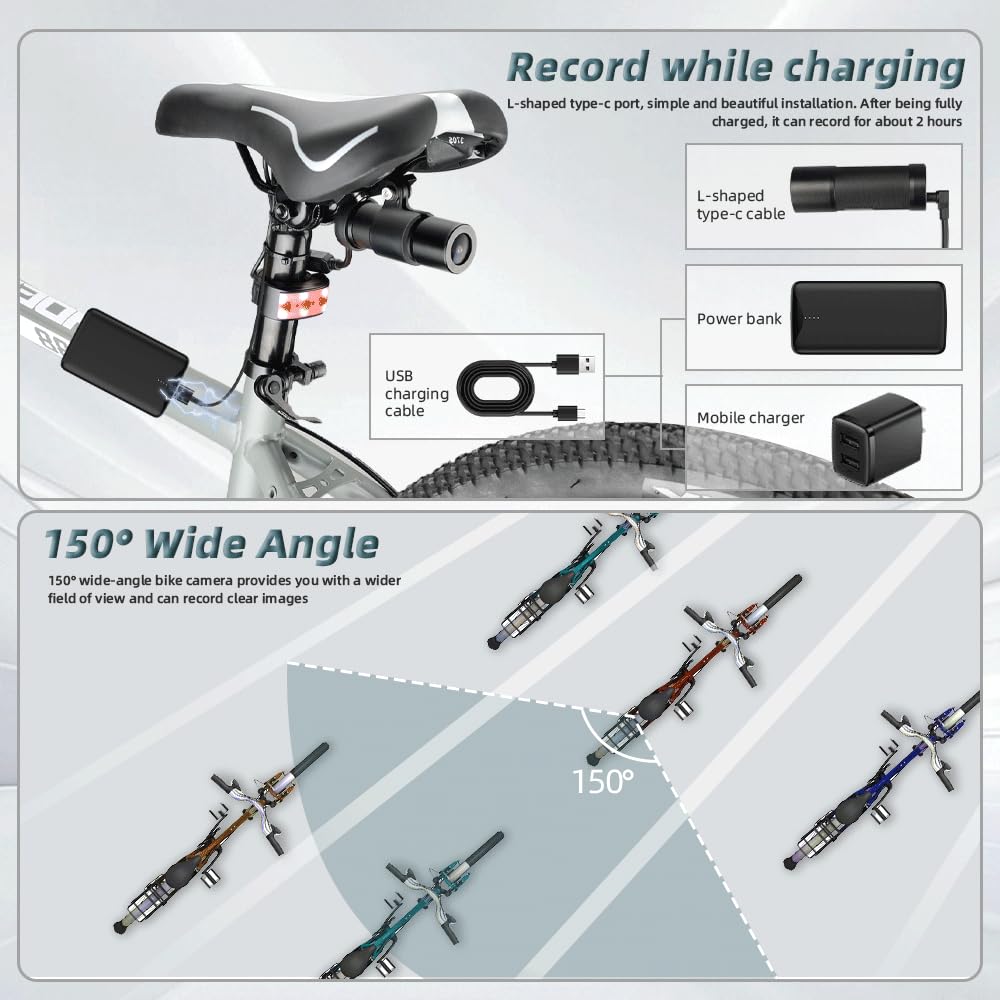 VSYSTO Fahrradkamera Rückfahrkamera, HD 1080P Action Kamera, 150° Weitwinkel Sport Action Kamera wasserdichte, Starlight Nachtsicht, Schleifenaufzeichnung, G-Sensor, WiFi(Schwarz-WD)