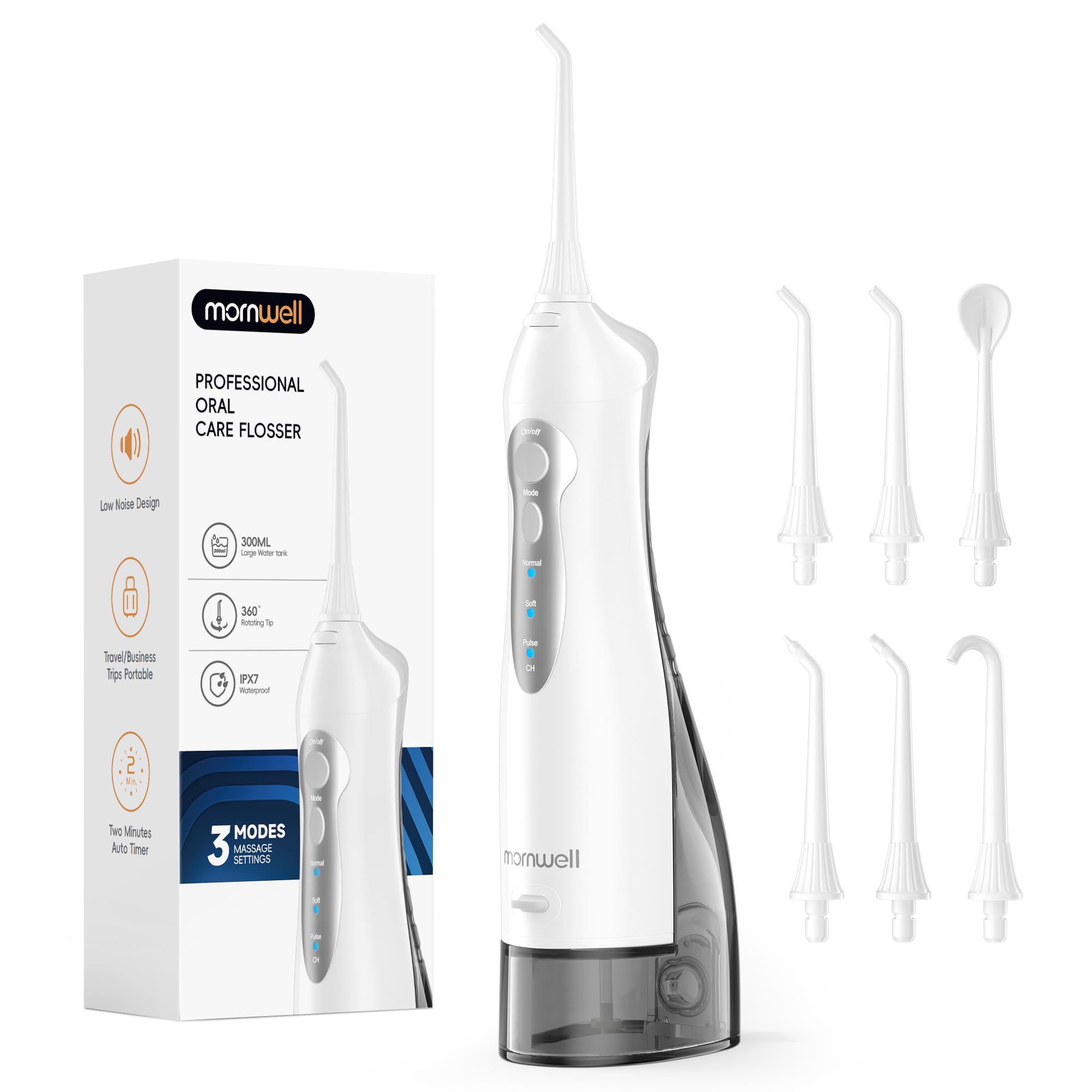 Mornwell Irrigador Dental, Irrigador Bucal Portátil para Dientes con Depósito, 4 Boquillas para Viaje y Familia, USB Recargable (Blanco A)