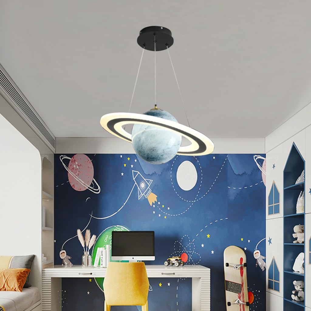 DOCJX LED Pendant Light for Children's Blue Planet Dimmable Modern Glass Planets Pendant Light with Halo Girls Boys Bedroom Hanging Lamp Height Adjustable Modern Chandelier