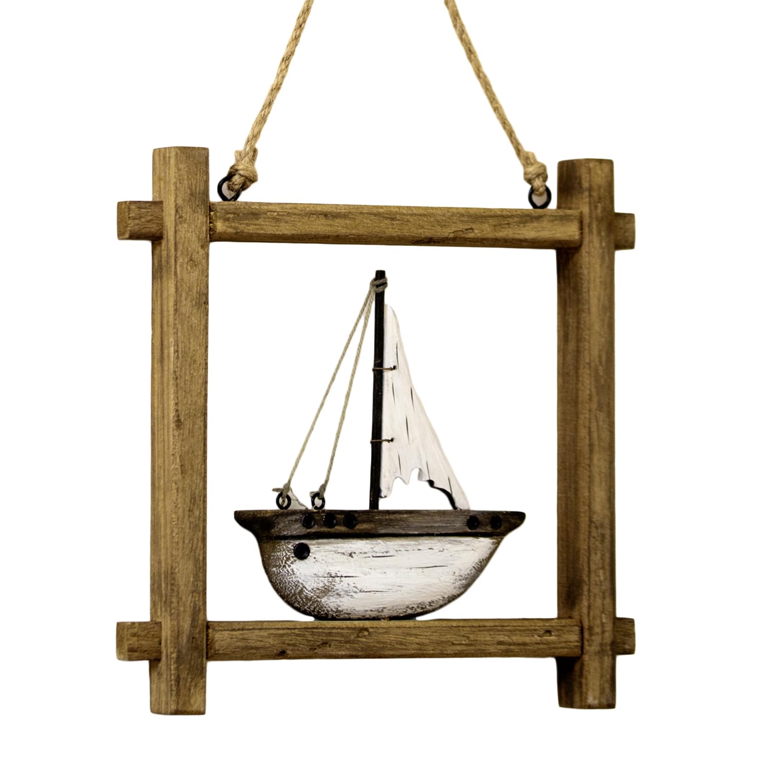 Darthome Rustic Framed Hanging Boat Wall Decor, Wood, Brown and White, Coastal Nautical Theme, Jute Rope Hanger, 22x22x3cm