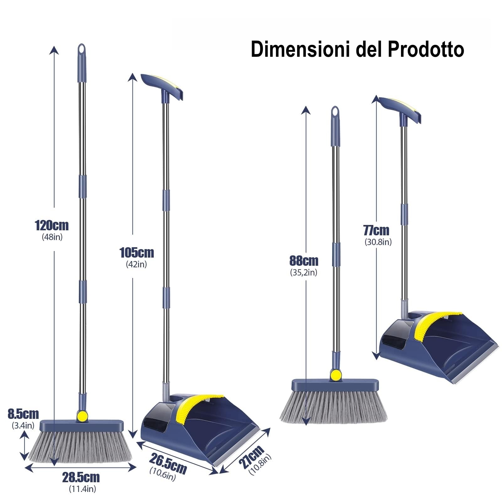 MASTERTOP Set Scopa e Paletta Salvaspazio, Paletta Verticale con Scopa Inox a Manico Lungo, Spazzola Interni e Paletta con Denti a Pettine per Pulizia di Casa, Cucina, Ufficio (Blu Scuro)