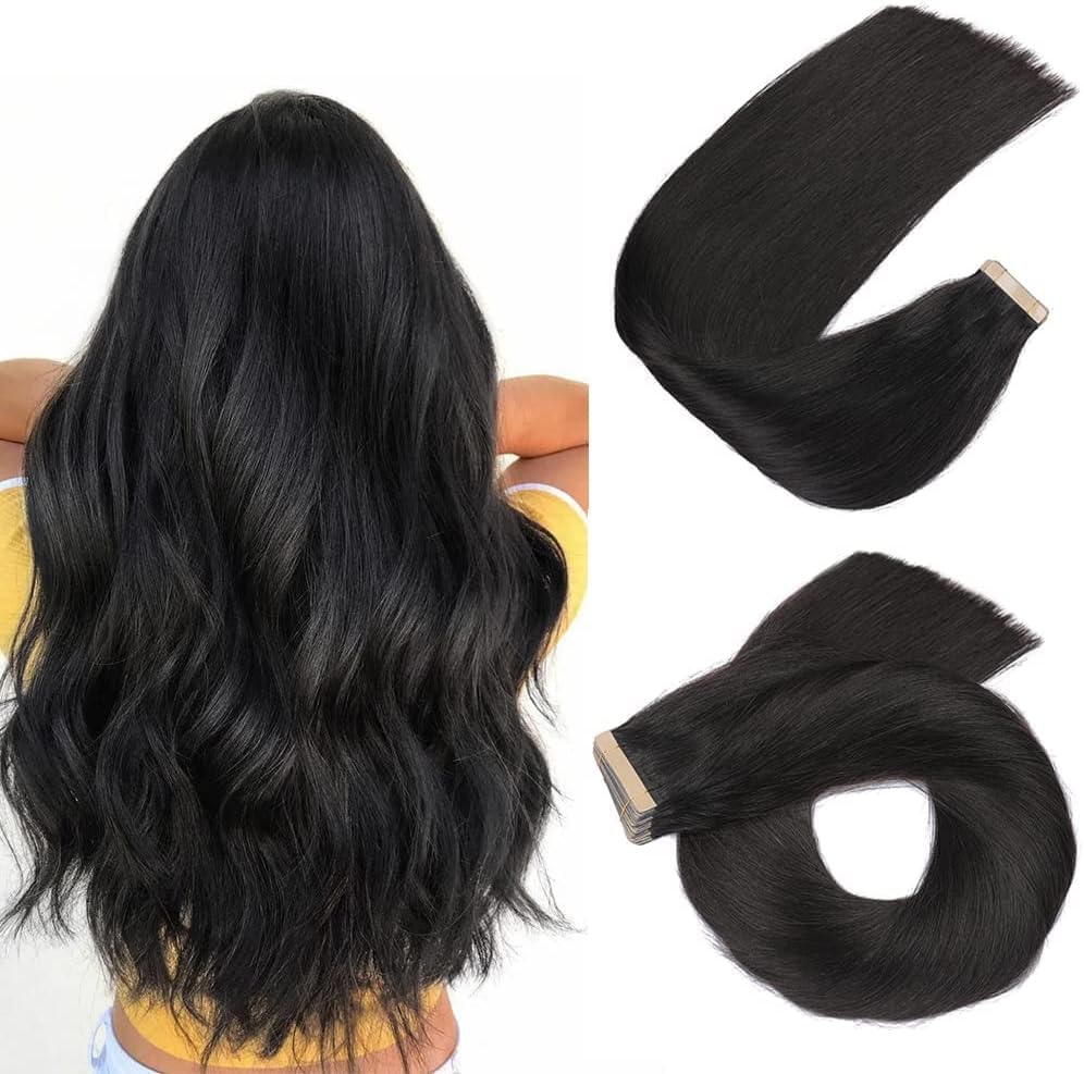 Hotlulana Extension Capelli Veri Biadesivo Nero Naturale(#1B) Extension Capelli Veri 20Pollici 20pcs 50cm 50g Extension Biadesive Capelli Veri Invisible Skin Weft Tape in Hair Extensions Human Hair