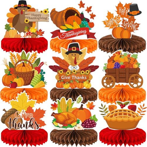 Image of 9 Pieces Thanksgiving Honeycomb Centerpieces Table Decor, Turkey Pumpkin Cornucopia Harvest Fall Party Table Topper Ornaments Signs, Fun Autumn Holiday Decorations