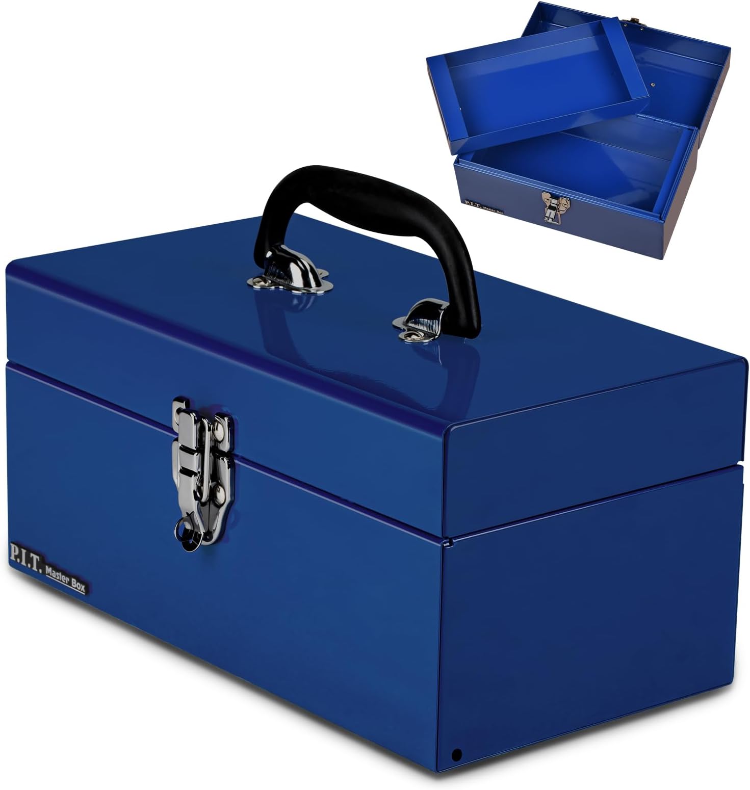 P.I.T. 12’‘ Small Tool Box with Removable Tray, Heavy Steel Construction, Metal Latch Closure, Blue, Lockable, Mini Tool Case for Household & Warehouse Storage