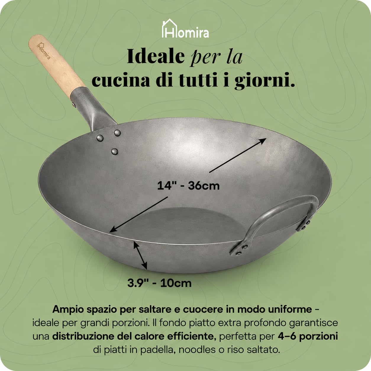 Homira Wok 36 cm in Acciaio al Carbonio, Martellato a Mano, Fondo Piatto e Manico in Legno, Senza PFAS, Padella Wok Cinese per Tutti i Piani Cottura, Induzione, Gas, Barbecue e Outdoor
