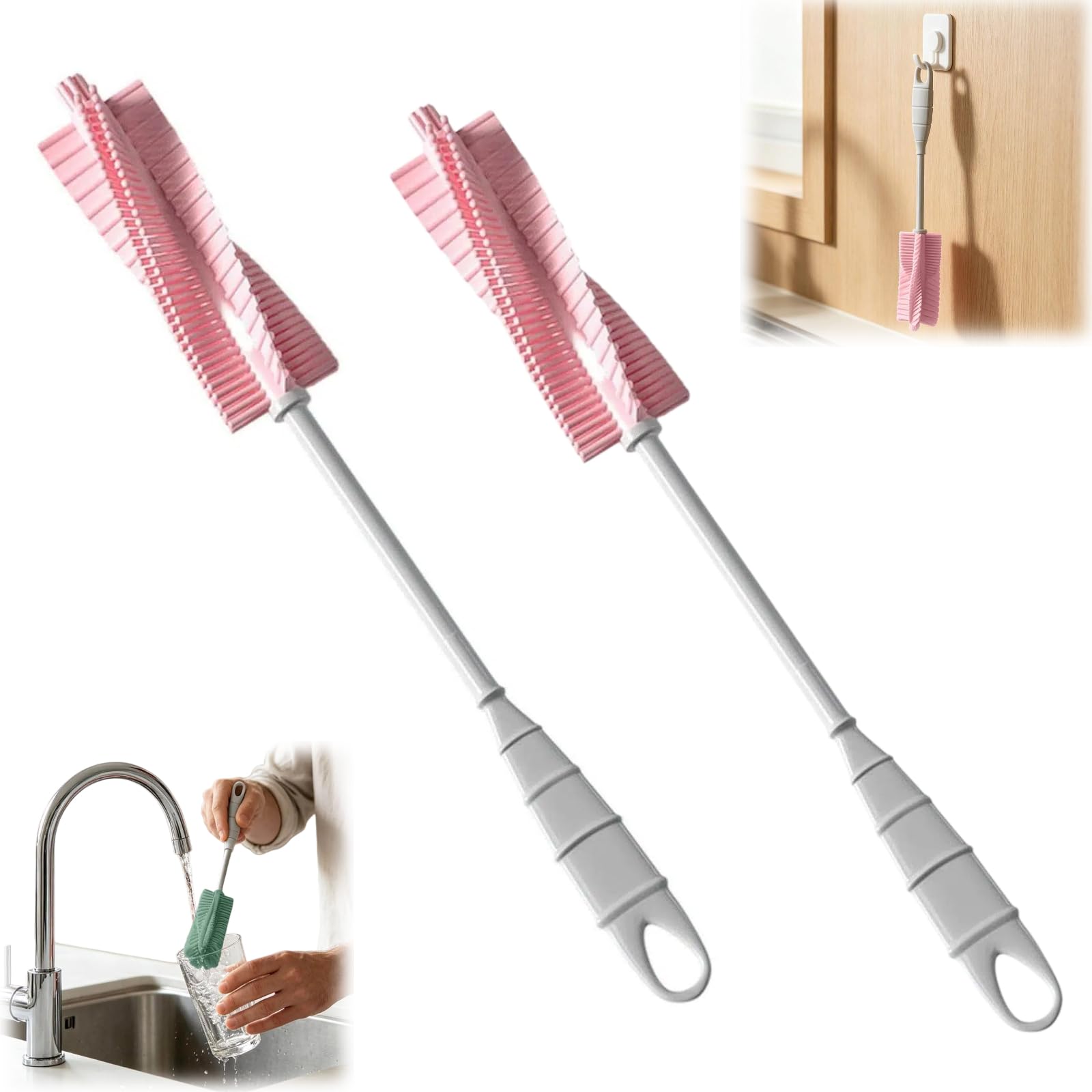 2pcs Silicone Bottle Brush with 360° Rotating Handle, Long Handle Cup Cleaning Sponge Brushes, Nipple Brush for Bottle Cups (Pink)