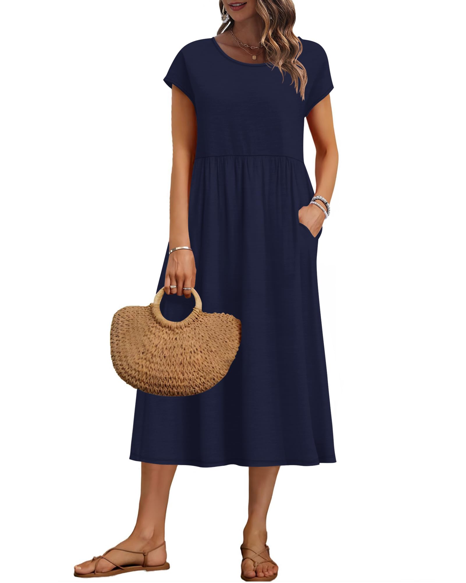 AUSELILY Women's Summer Short Sleeve Knee Length Dresses Basic Shift Midi Dress with Pockets, Navy Blue S
