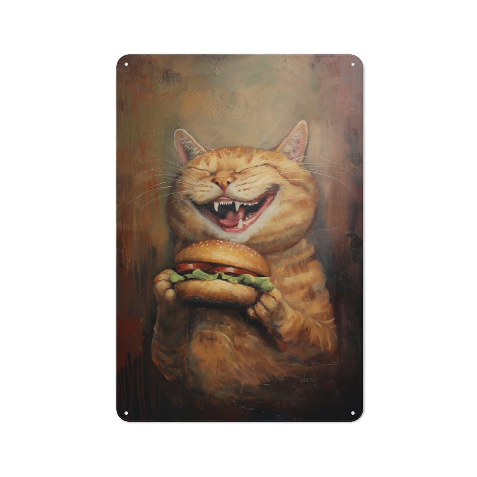 Junmoney Hilarious Cat Hamburger Bistro Style Tin Wall Sign 30X20cm, Shop Wall Decor For Takeaway, Bar, Kitchen Or Counter Area